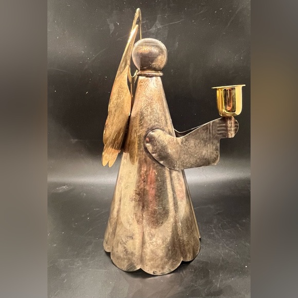 Christmas Brass Angel Holding Tapered Candlestick Holder Vintage Made Hong Kong - Picture 5 of 16